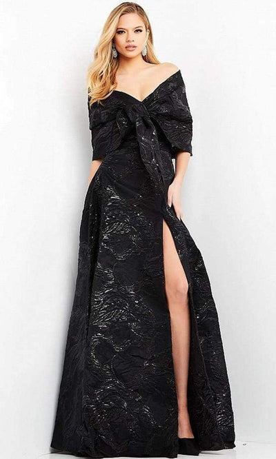 Jovani - 05019 Off Shoulder Jacquard High Slit Gown Evening Dresses 00 / Black