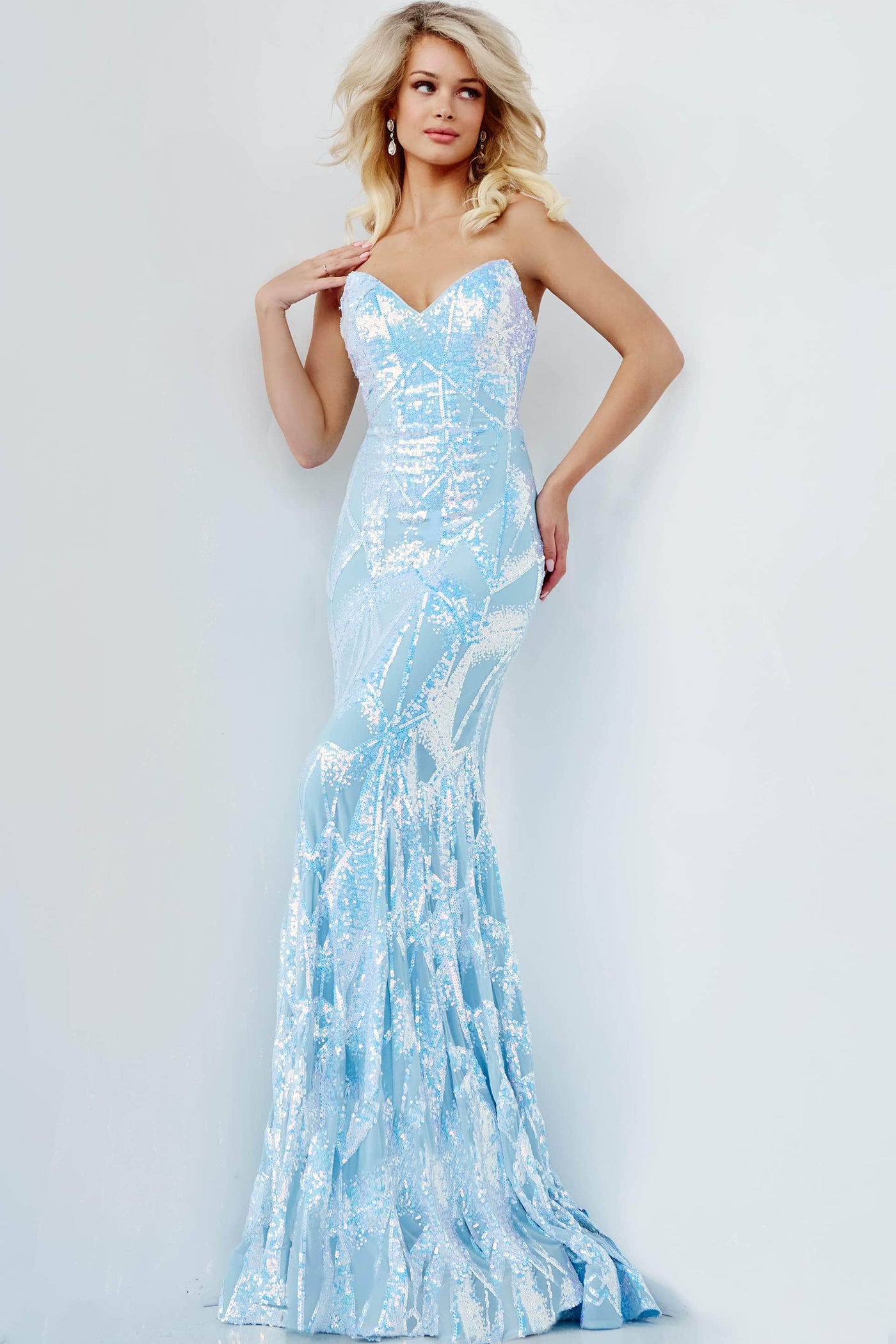 Jovani - 05100 Strapless V-Neck Sequin Embellished Mermaid Gown Prom Dresses 00 / Light-Blue