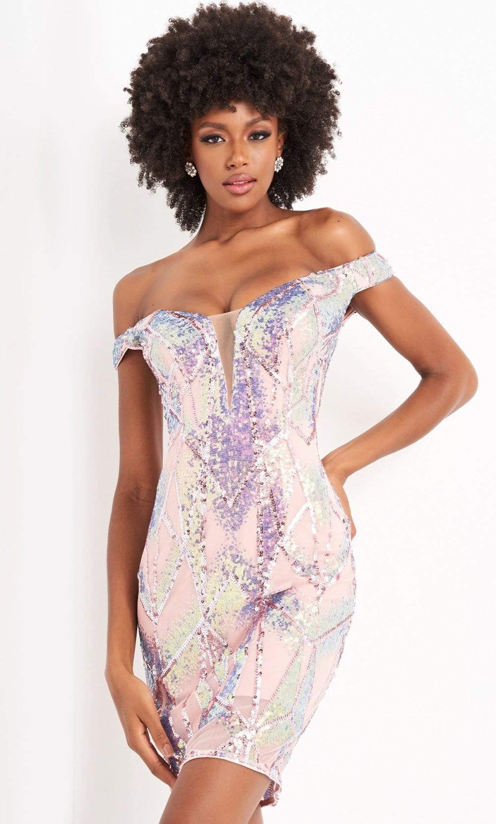 Jovani - 05101 Illusion Plunging Neck Off Shoulder Embellished Dress Homecoming Dresses 00 / Pink