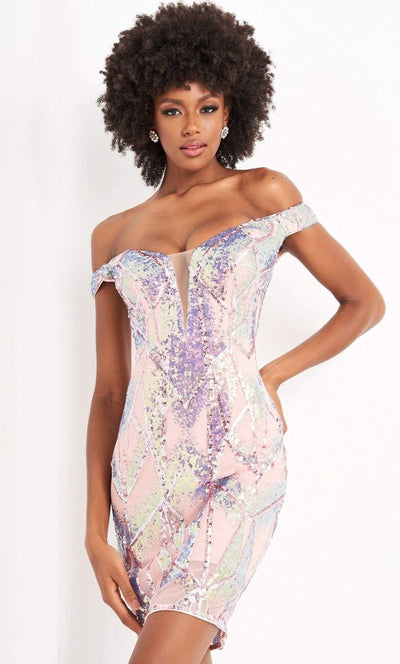 Jovani - 05101 Illusion Plunging Neck Off Shoulder Embellished Dress Homecoming Dresses 00 / Pink