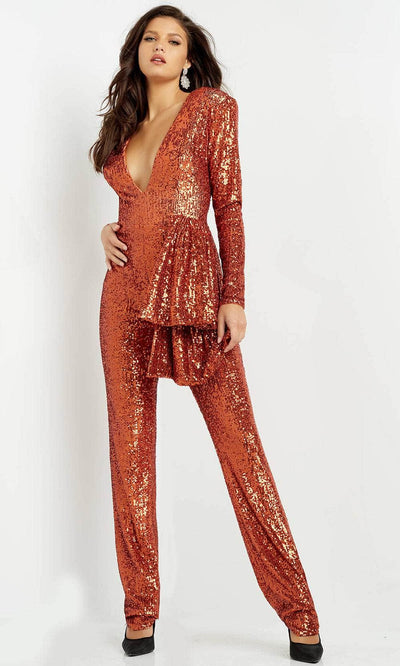 Jovani 05345 - Sequin V-Neck Jumpsuit Evening Dresses 00 / Orange