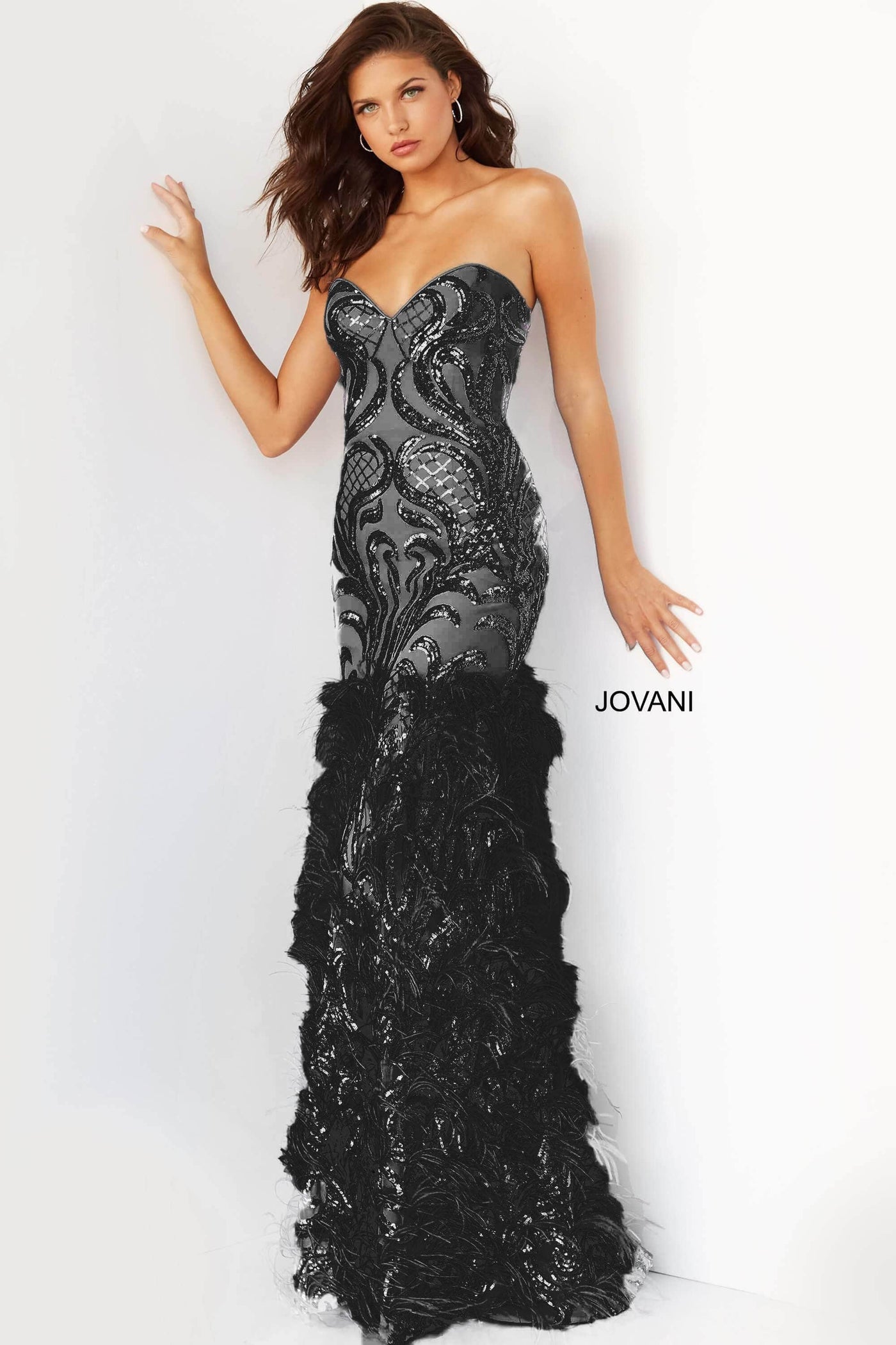 Jovani - 05667 Embellished Sweetheart Feathered Dress With Train Prom Dresses 00 / Black