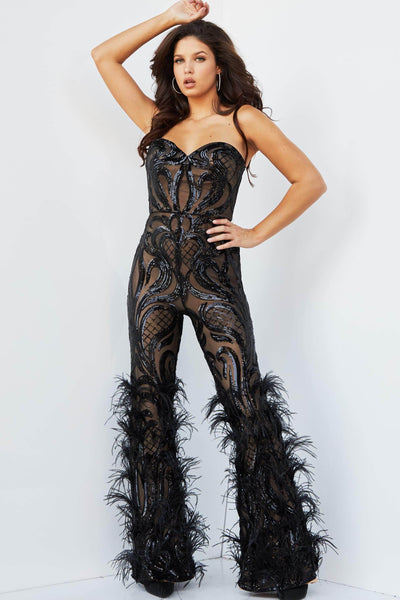 Jovani - 05669 Strapless Sweetheart Feathered Jumpsuit Evening Dresses 00 / Black