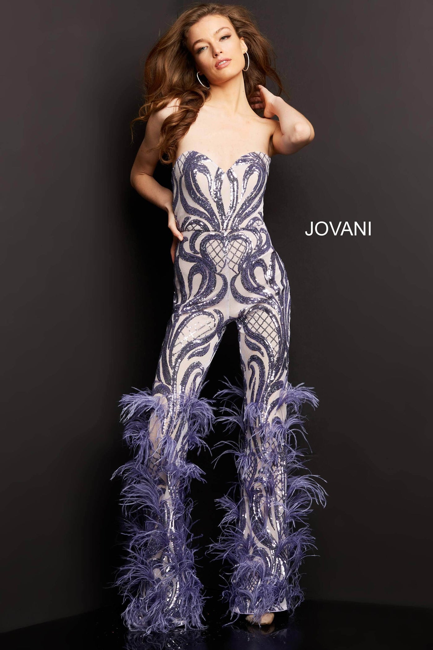 Jovani - 05669 Strapless Sweetheart Feathered Jumpsuit Evening Dresses 00 / Lilac