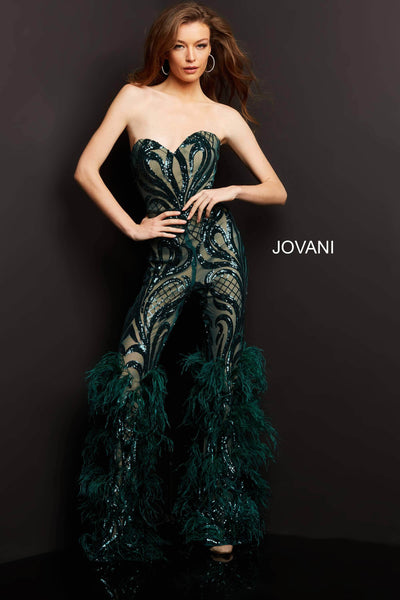 Jovani - 05669 Strapless Sweetheart Feathered Jumpsuit Evening Dresses