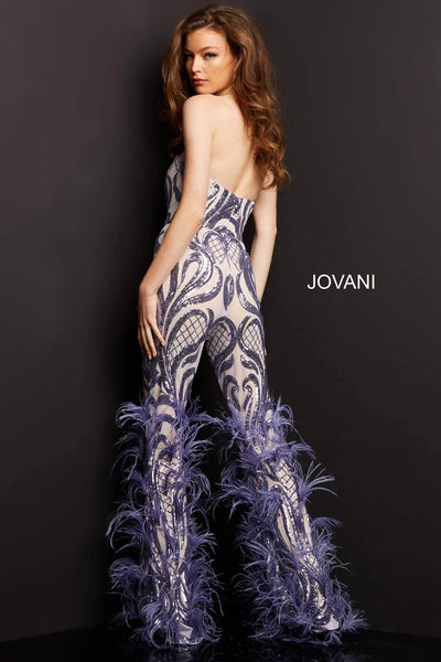 Jovani - 05669 Strapless Sweetheart Feathered Jumpsuit Evening Dresses