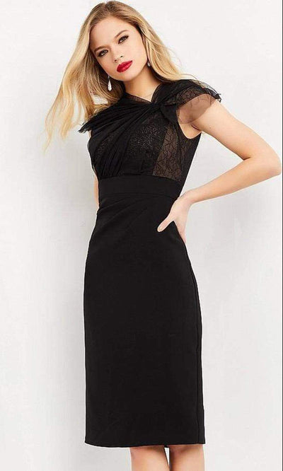 Jovani - 05674 Asymmetric Lace High Waist Dress Cocktail Dresses 00 / Black
