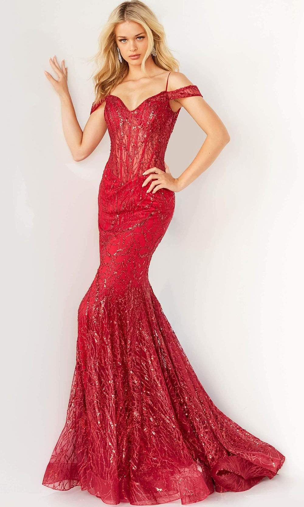 Jovani - 05838 Off Shoulder Glitter Mermaid Gown Special Occasion Dress In Red