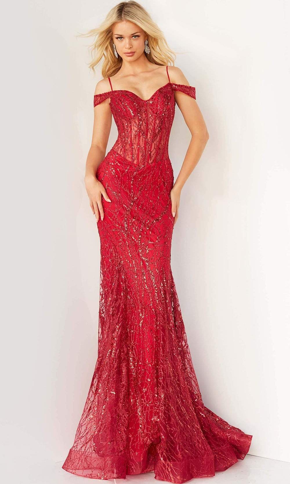 Jovani - 05838 Off Shoulder Glitter Mermaid Gown Special Occasion Dress In Red