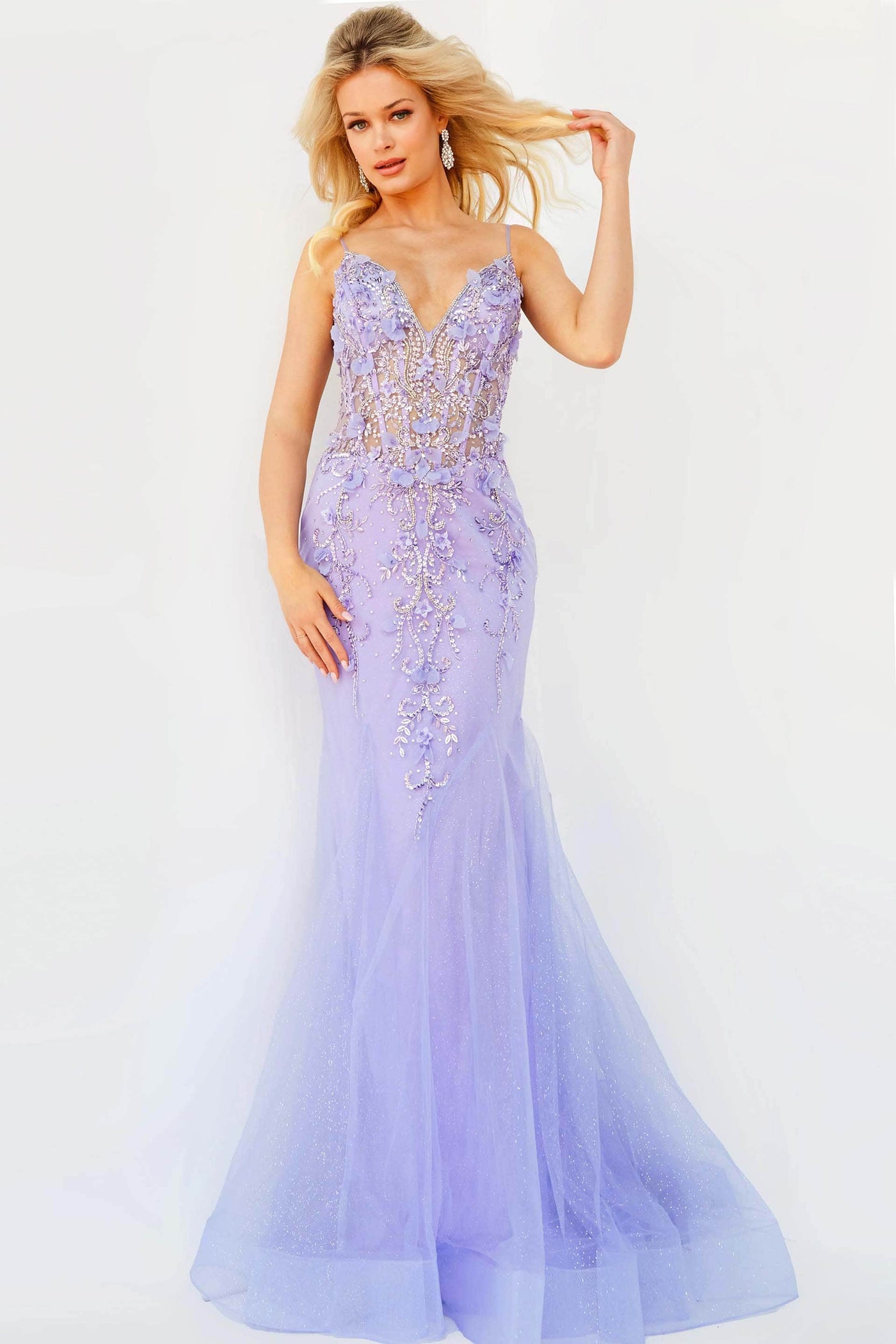Jovani - 05839 Beaded Floral Applique Corset Bodice Mermaid Gown Prom Dresses 00 / Periwinkle