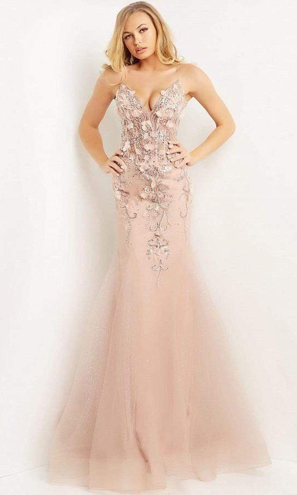 Jovani - 05839 Beaded Floral Applique Corset Bodice Mermaid Gown Special Occasion Dress 00 / Blush