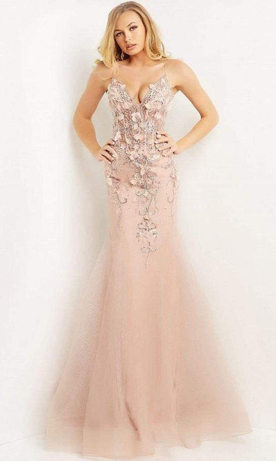 Jovani - 05839 Beaded Floral Applique Corset Bodice Mermaid Gown Special Occasion Dress 00 / Blush