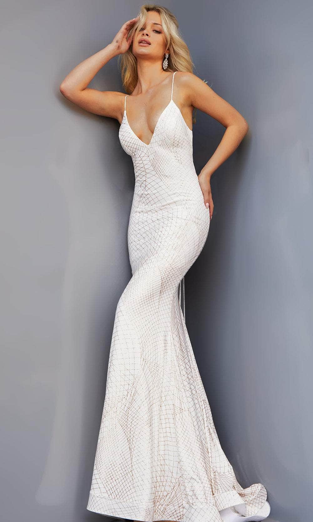 Jovani 05960 - Plunging V-Neck Glitter Prom Dress Special Occasion Dress 00 / Off White/Gold