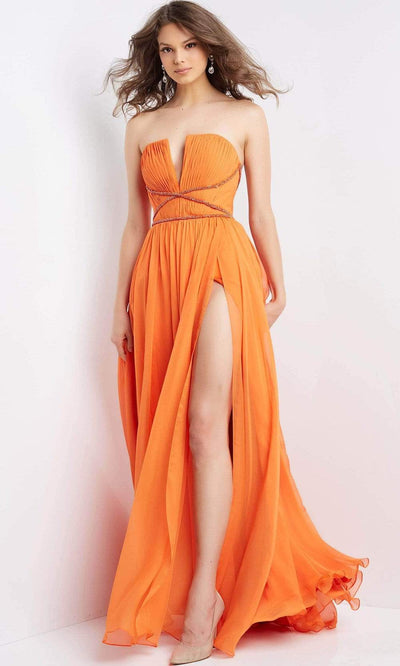 Jovani - 05971 Strapless Pleated Chiffon Gown Special Occasion Dress 00 / Orange