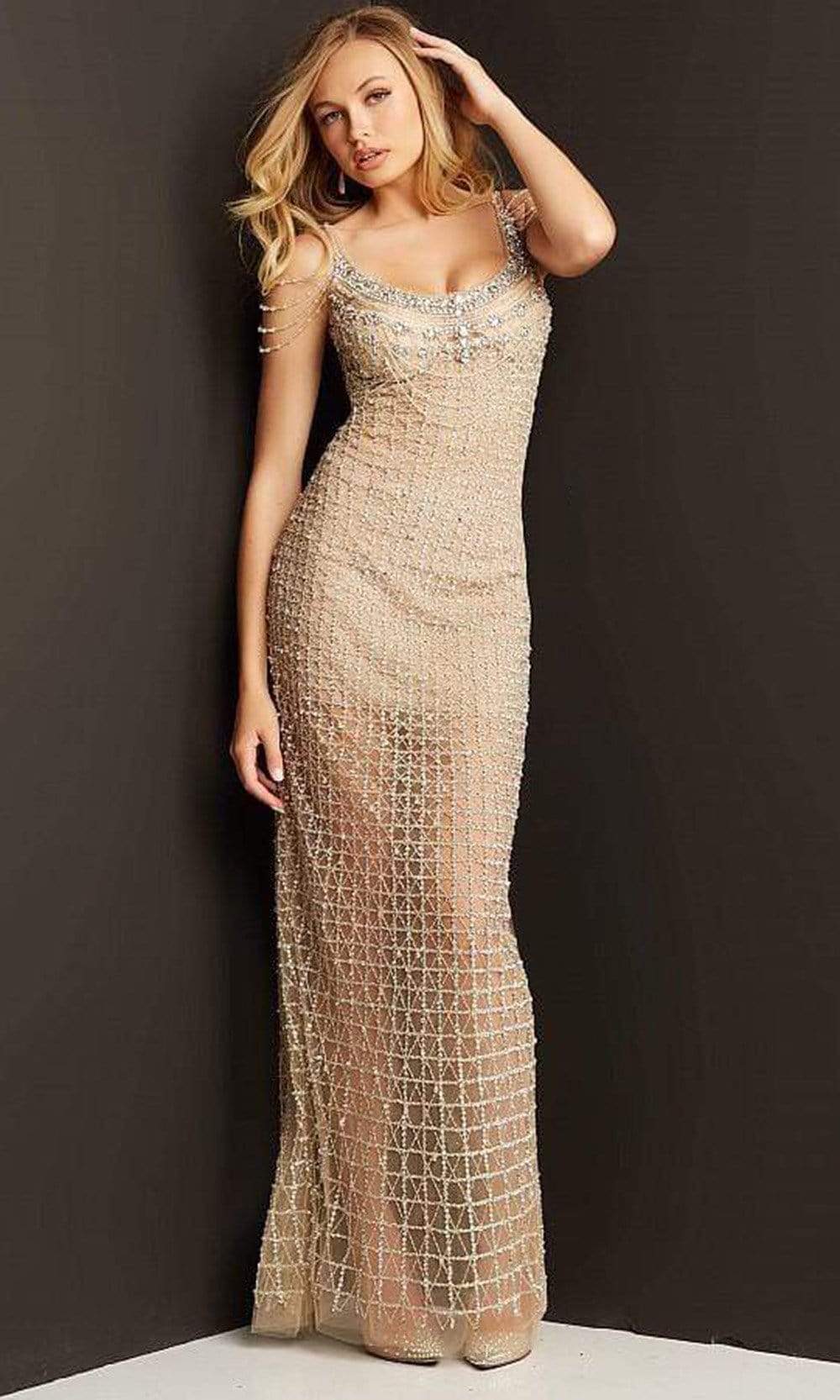 Jovani - 05997 Scoop Lattice Jeweled Shiny Gown Prom Dresses 00 / Nude/Silver