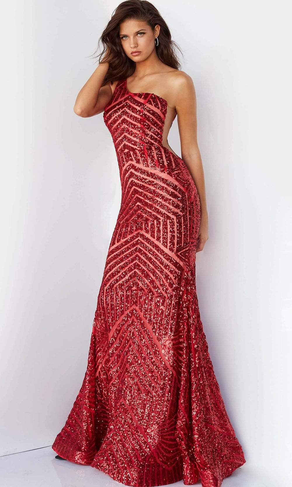 Jovani - 06017 Geometric Sequined Gown Special Occasion Dress 00 / Red