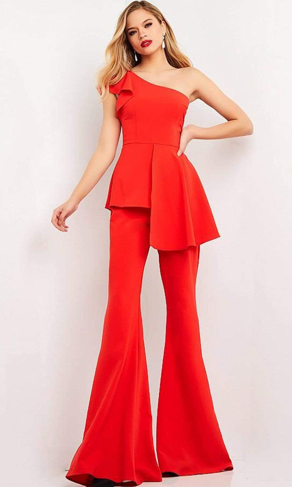 Jovani - 06163 Asymmetric Peplum Bell Bottom Suit Evening Dresses 00 / Red