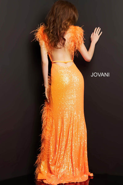 Jovani - 06164 Feather Trimmed High Slit Long Dress Prom Dresses