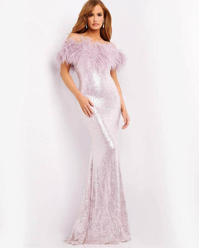 Jovani - 06166 Feather Off-Shoulder Neckline Full Sequin Gown Prom Dresses