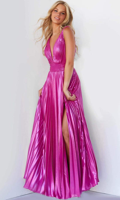 Jovani - 06220 Pleated Metallic High Slit Gown Special Occasion Dress