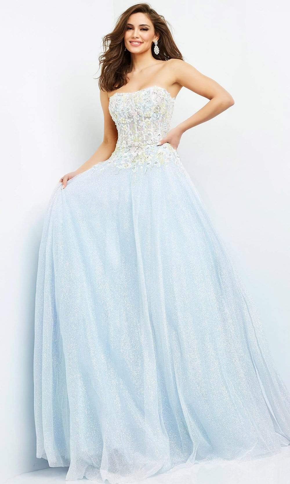 Jovani - 06231 Floral Applique Sweetheart Ballgown Prom Dresses 00 / Light-Blue