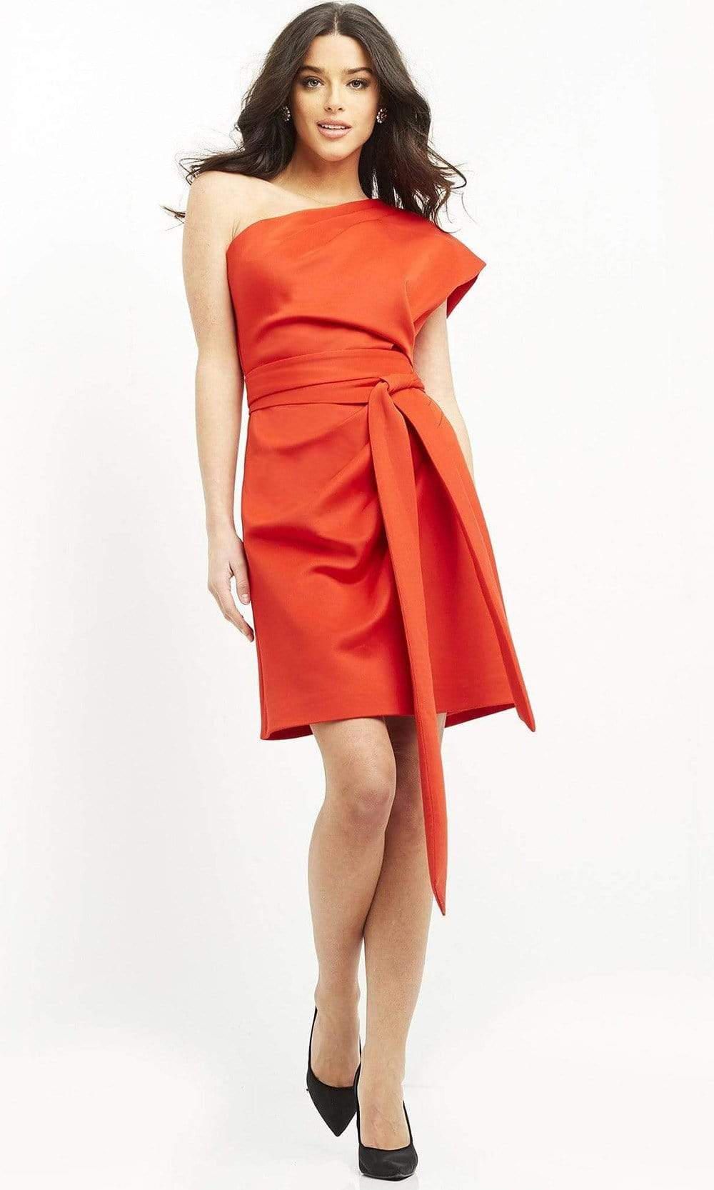 Jovani - 06316 One-Shoulder Scuba Sheath Short Dress Cocktail Dresses 00 / Tomato