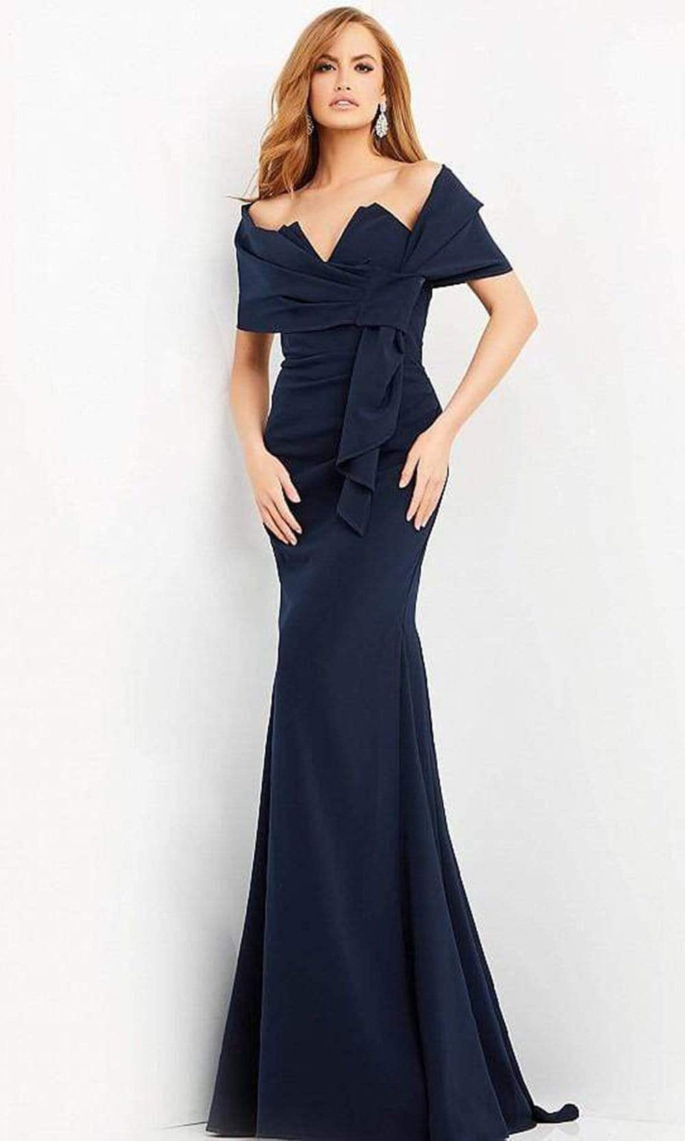 Jovani - 06403 Sweetheart Ruched Sheath Dress with Shawl Evening Dresses 00 / Navy