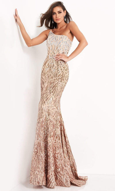 Jovani - 06469 Sequined Two Tone Trumpet Dress Prom Dresses 00 / Silver/Cafe
