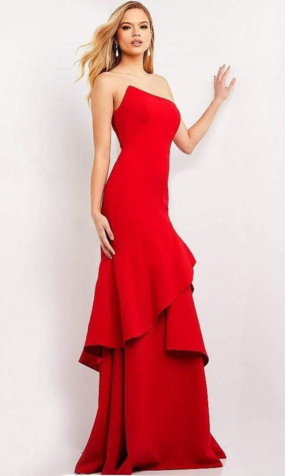 Jovani - 06509 Asymmetric Plain Wrapped Trumpet Gown Special Occasion Dress 00 / Red