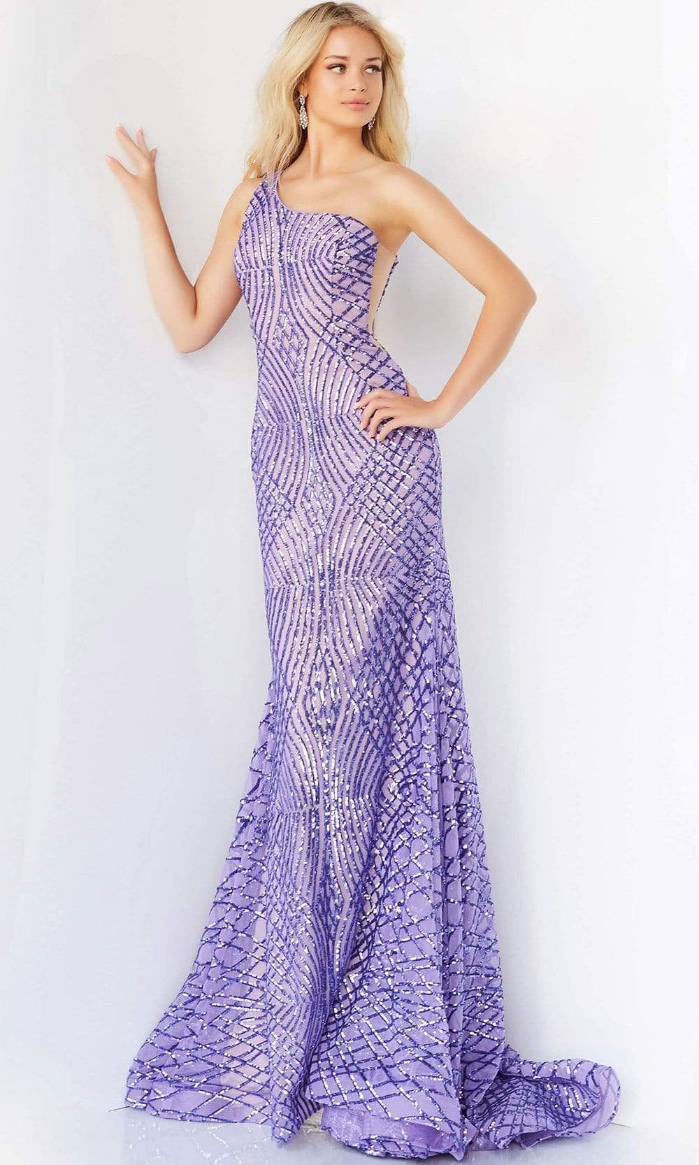 Jovani - 06517 One Shoulder Sequin Embellished Dress Prom Dresses 00 / Lilac