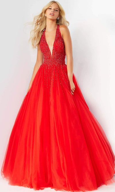 Jovani - 06598 Beaded Sleeveless Halter Ballgown Prom Dresses 00 / Red