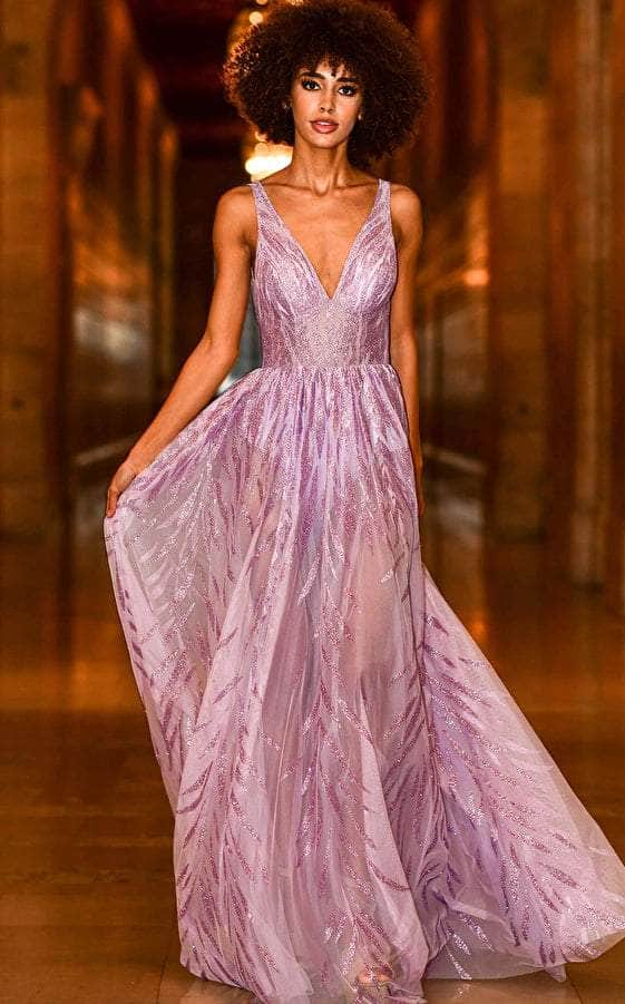 Jovani - 06687 Sequined Deep V-Neck A-Line Gown Prom Dresses