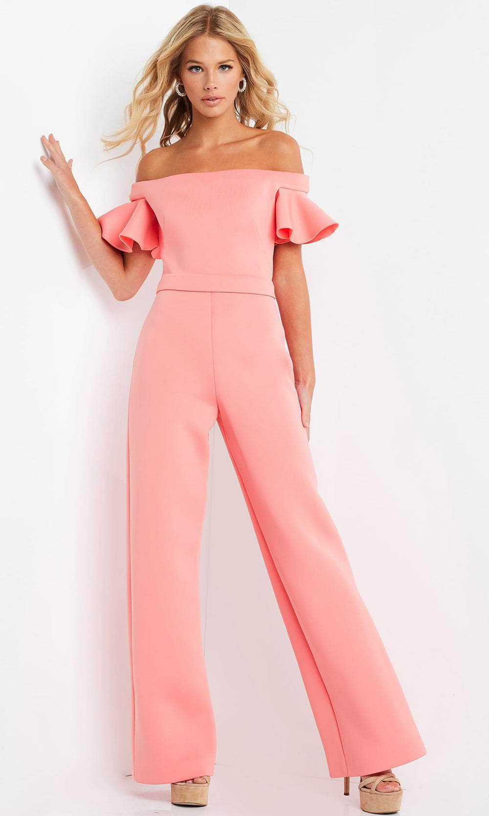 Jovani 06713 - Off Shoulder Evening Jumpsuit Formal Pansuits 00 / Light Coral