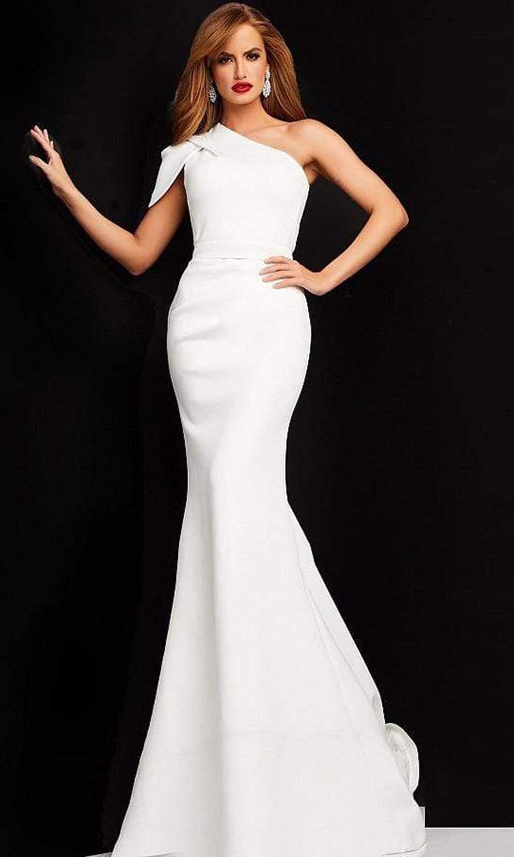 Jovani - 06753 Asymmetric Evening Gown w Court Train Evening Dresses 00 / White