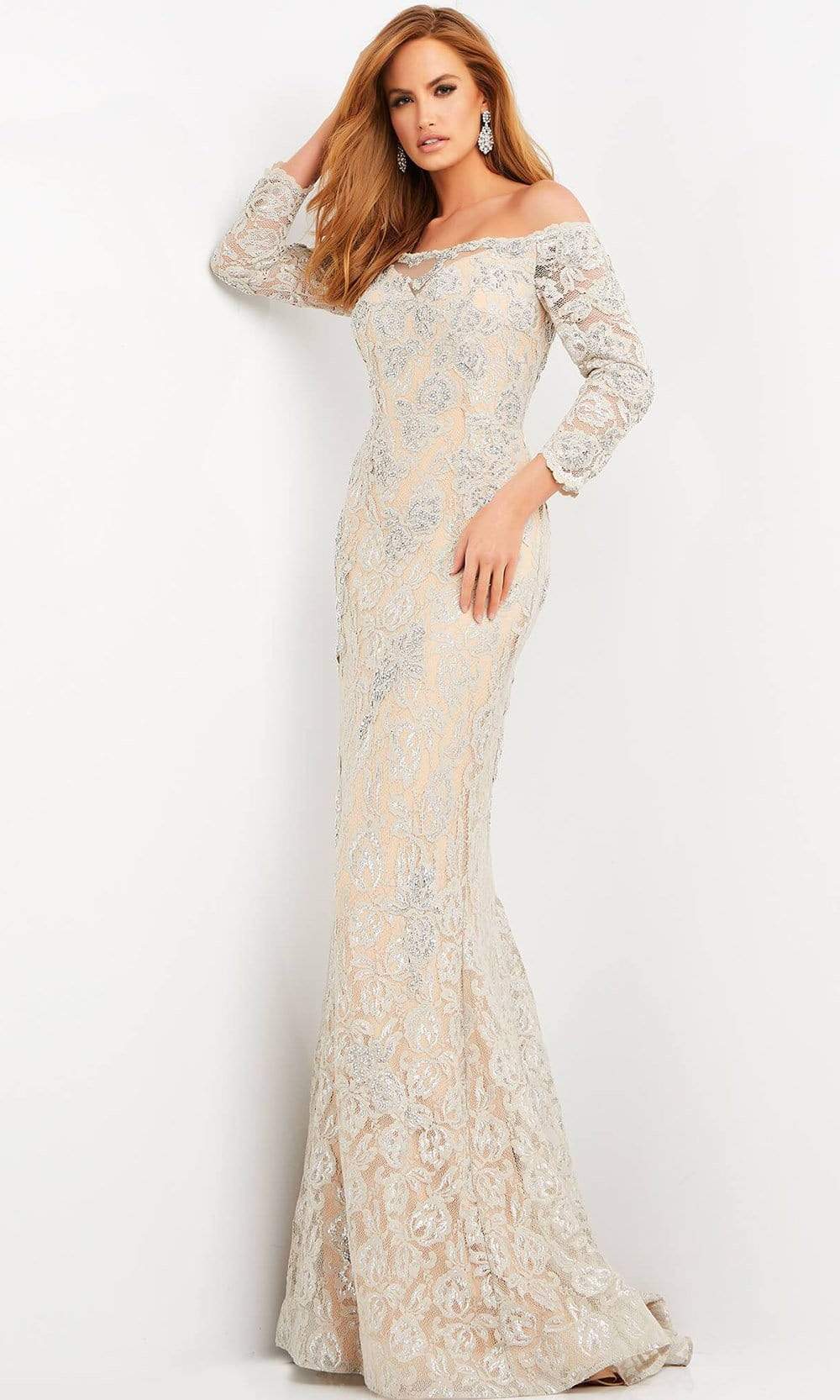 Jovani - 06755 Off Shoulder Floral Lace Dress Evening Dresses 00 / Taupe