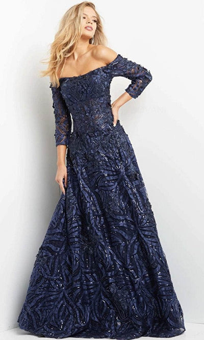 Jovani 06792 - Off-shoulder Straight Across Long Gown Evening Dresses 00 / Navy