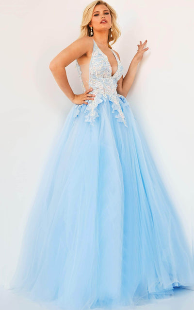 Jovani - 06808 Tulle V Neck and Back Ballgown Ball Gowns 16 / Light-Blue