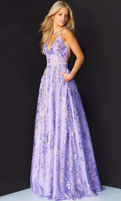 Jovani - 06814 V-Neck Floral Embroidered Dress Prom Dresses