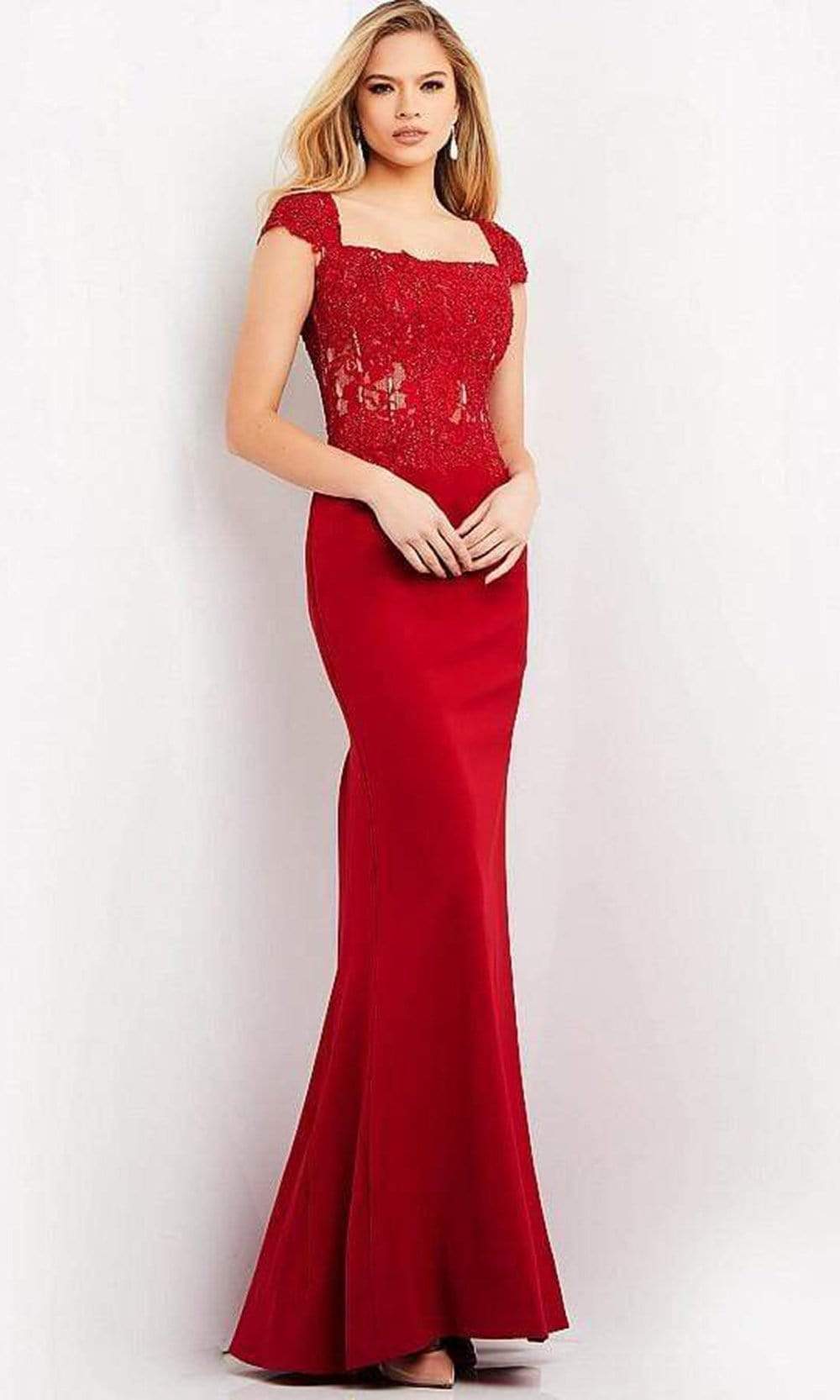 Jovani - 06825 Square Neck Lace Sheath Evening Gown Special Occasion Dress 00 / Cranberry