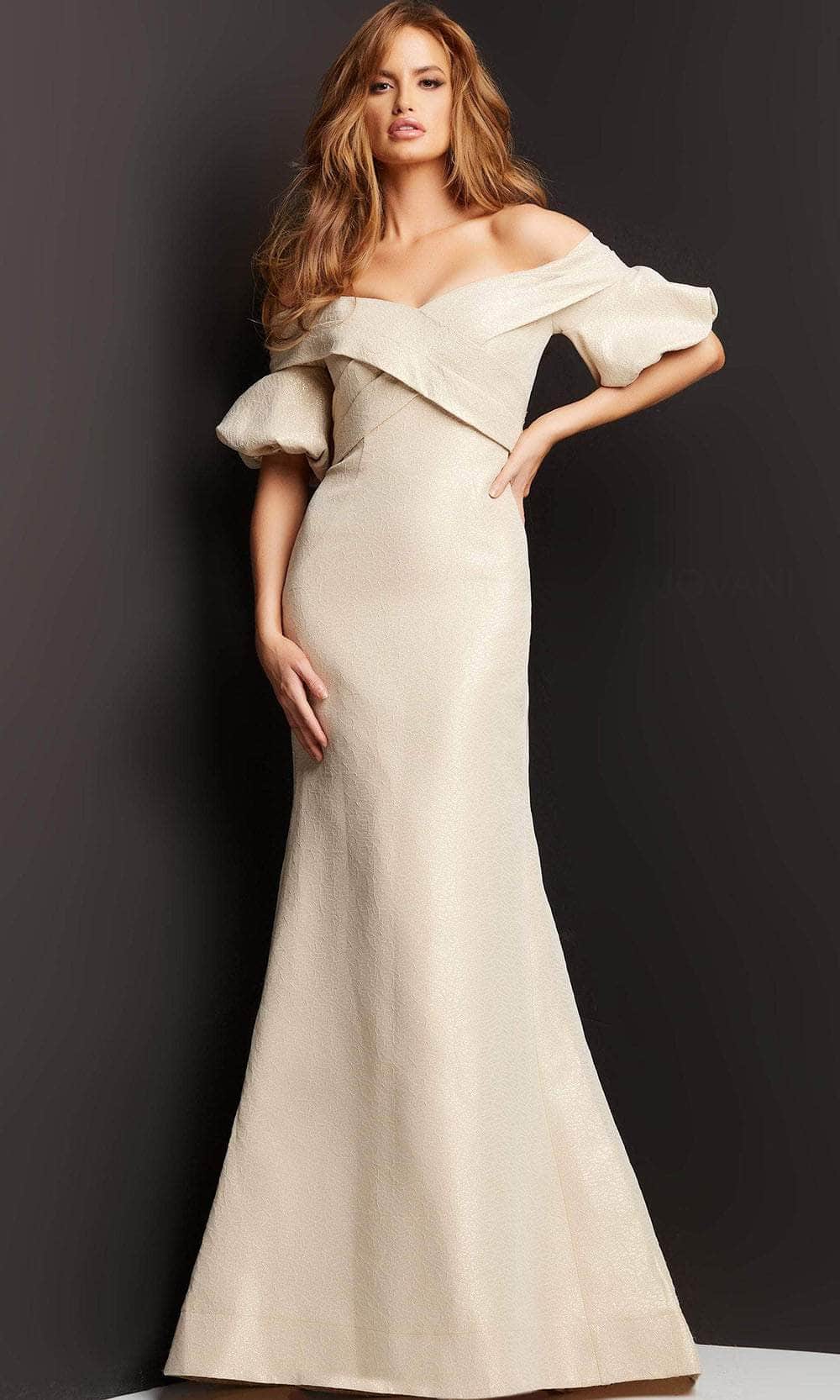 Jovani 06831 - Crisscross Off Shoulder Evening Gown Mother of the Bride Dresses 00 / Champagne