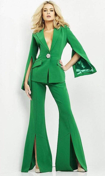 Jovani - 06922 Two Piece Collared Pantsuit Evening Dresses 00 / Emerald