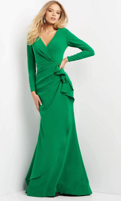 Jovani 06995 - Long Ruffle Draped Evening Dress Evening Dresses 00 / Emerald