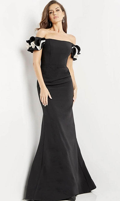 Jovani 07017 - Off Shoulder Sheath Evening Dress Evening Dresses 00 / Black/White
