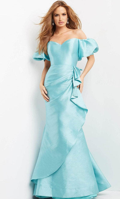 Jovani 07020 - Puffed Sleeve Ruffled Evening Dress Evening Dresses 00 / Aqua