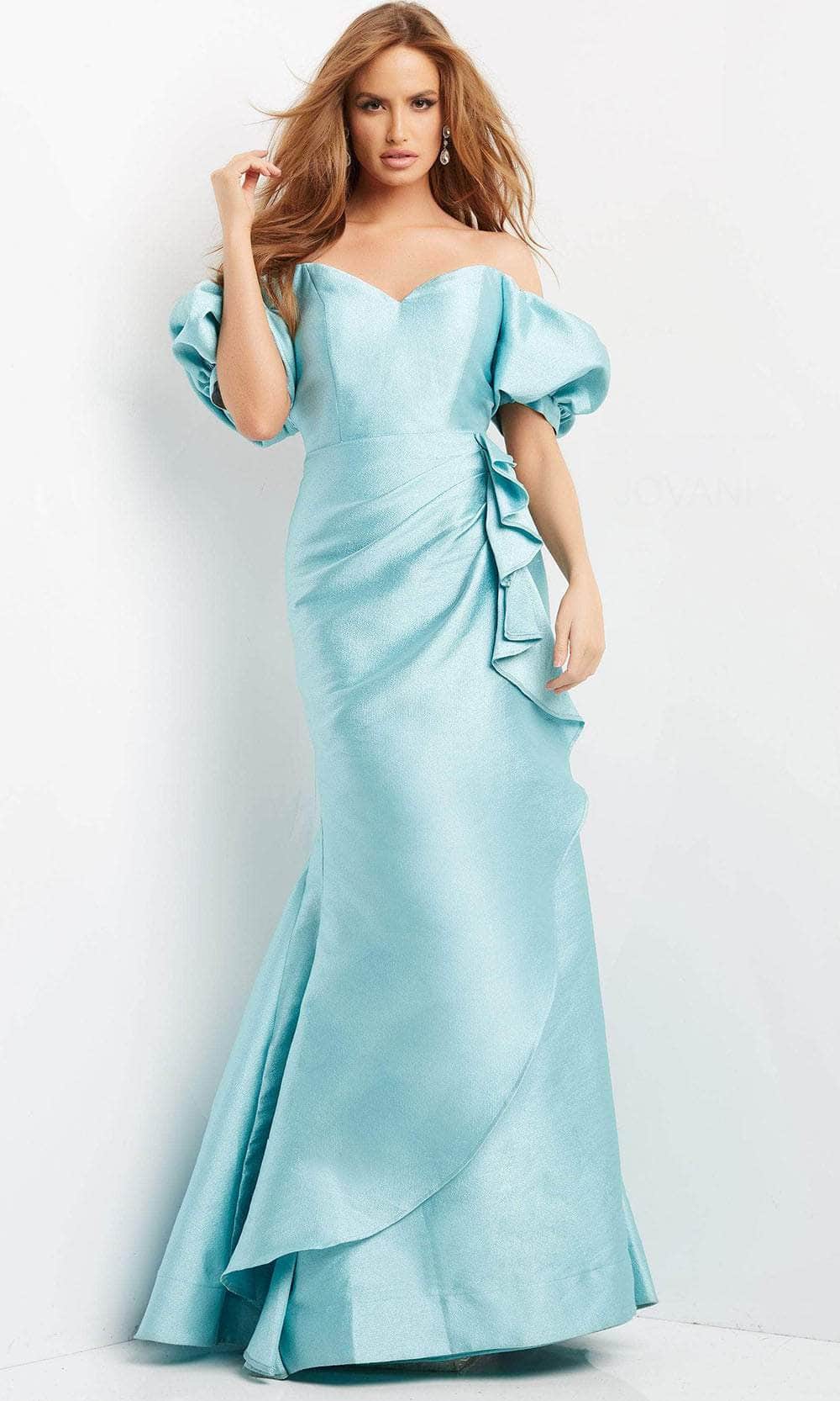 Jovani 07020 - Puffed Sleeve Ruffled Evening Dress Evening Dresses