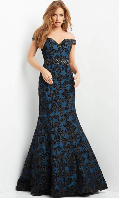 Jovani 07061 - Sweetheart Floral Mermaid Evening Gown Evening Dresses 00 / Black/Teal