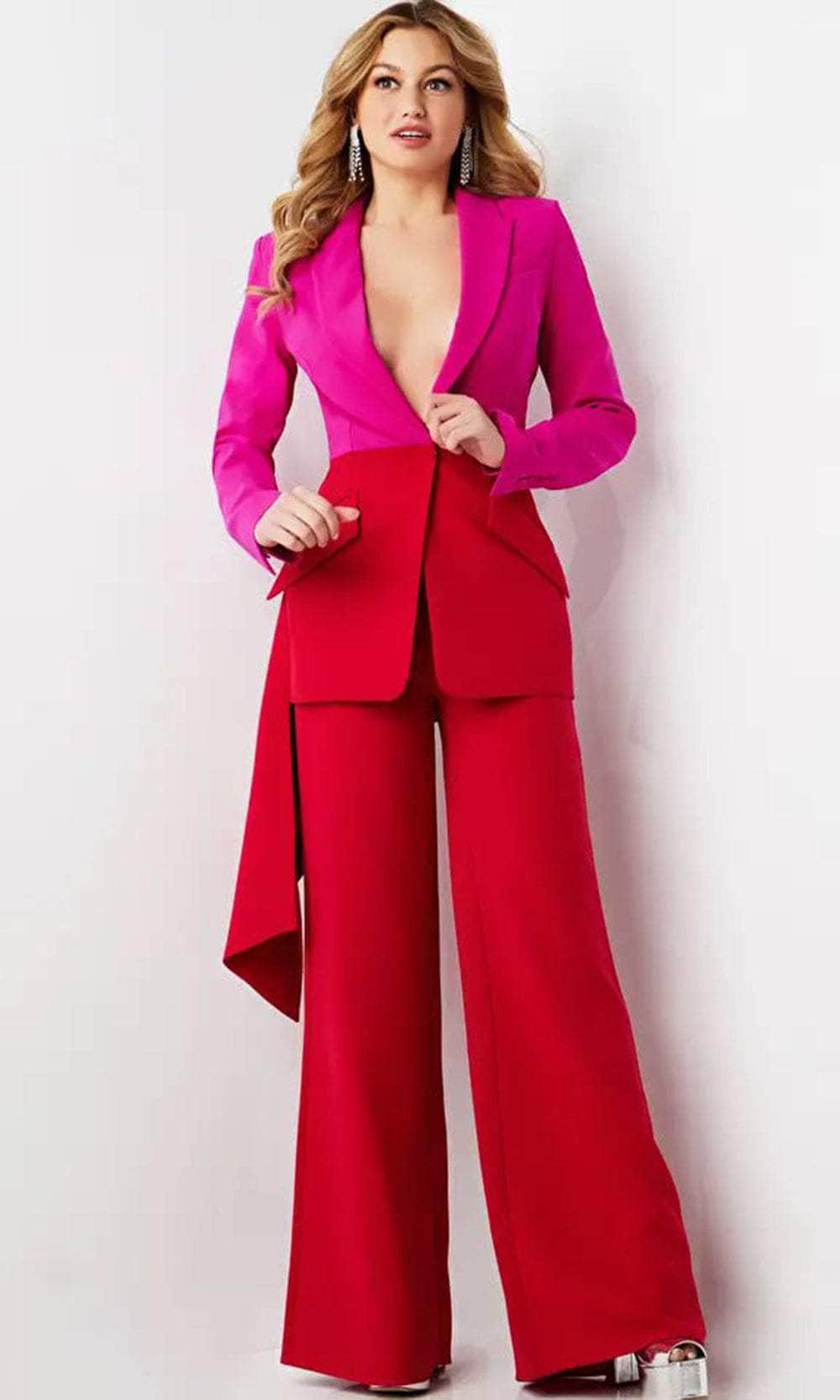 Jovani 07093 - Long Sleeve V-Neck Pantsuit Formal Pantsuits 00 / Fuchsia/Red