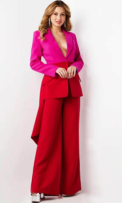 Jovani 07093 - Plunging Notch Long Sleeve Jumpsuit Formal Pantsuit