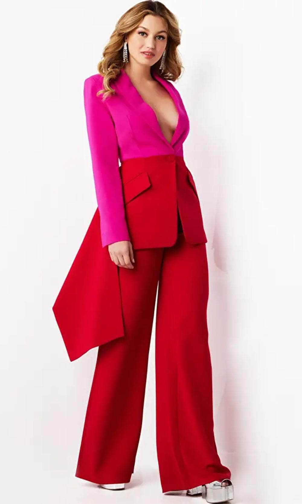 Jovani 07093 - Plunging Notch Long Sleeve Jumpsuit Formal Pantsuit