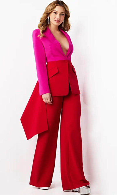 Jovani 07093 - Plunging Notch Long Sleeve Jumpsuit Formal Pantsuit